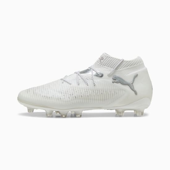 White PUMA football boot with silver logo and textured upper for adults.