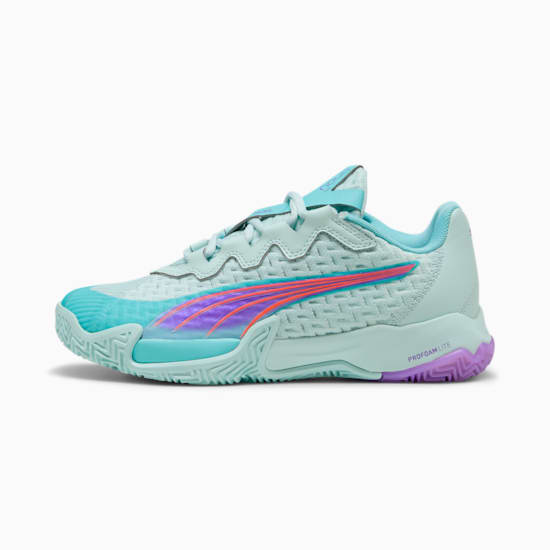 Light-blue PUMA trainers for women with pink and purple stripes on the side.