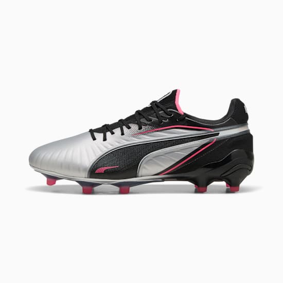 Silver PUMA football boot with black accents and pink detailing.