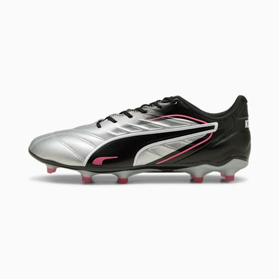 Silver PUMA football boot featuring black accents and pink details.