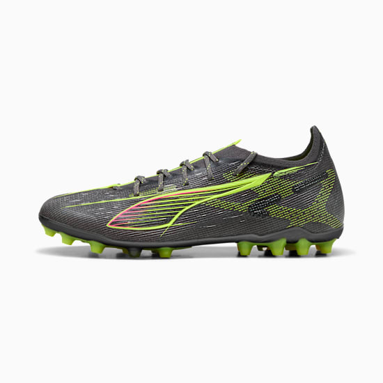 Grey PUMA football boot with neon green and pink detailing for adults.