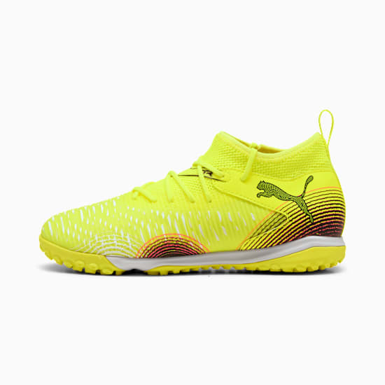 Yellow PUMA football boot featuring laces and a patterned design for adults.