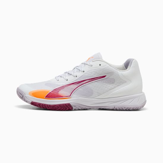 White PUMA court shoe with orange and pink accents for adults.