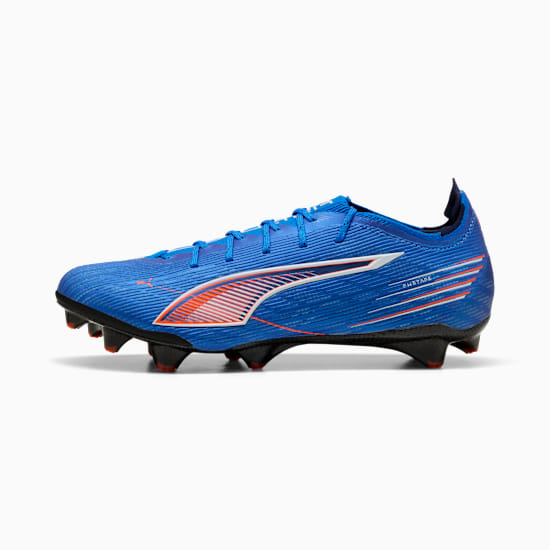 Blue PUMA football boot for adults with orange and white stripe detail and studded sole.