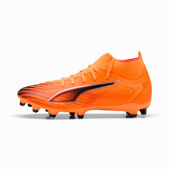 Orange PUMA football boot with black stripes and a sock-like ankle support.