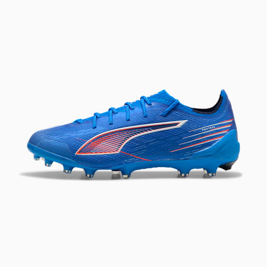 Blue PUMA football boot with white and orange detailing, and moulded studs.