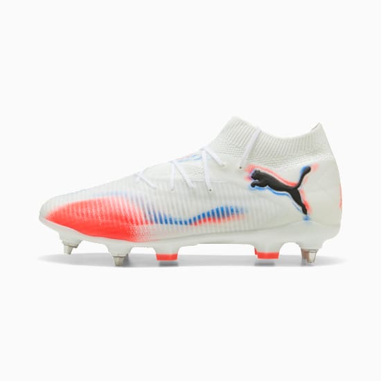 White PUMA football boot with red and blue accents, and a knitted ankle sock.
