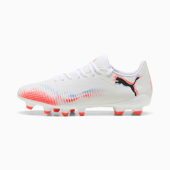 White PUMA football boot with red and blue accents, and orange studs.