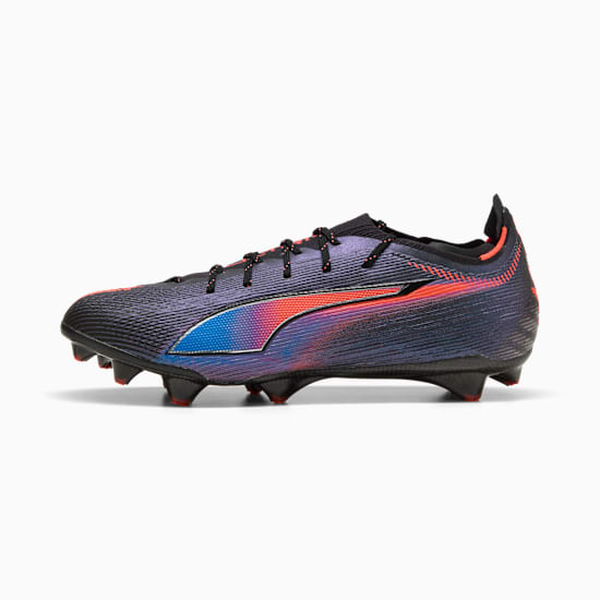 Dark PUMA football boot with a colourful stripe and stud detail.