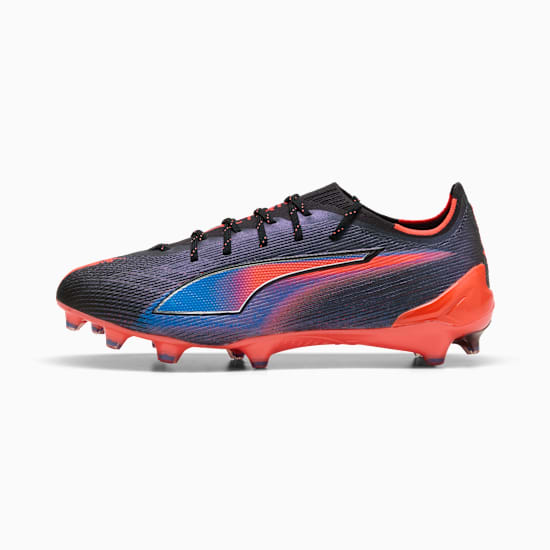 Black PUMA Unisex football boot with a blue and red graphic design.