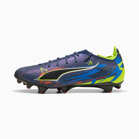 Blue PUMA football boot with neon green, orange and blue graphic details.
