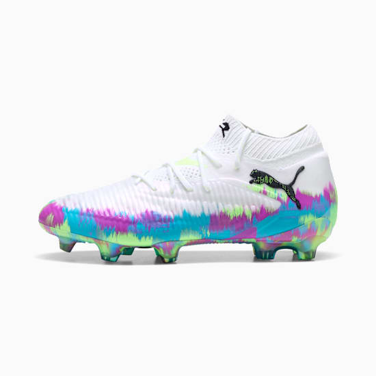 White PUMA football boot with turquoise, purple and green tie dye effect on the toe.