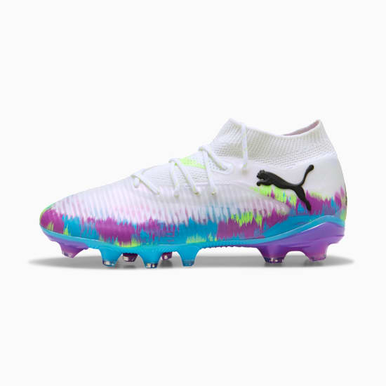 White PUMA football boot with a colourful tie-dye effect and a high-top knitted collar.