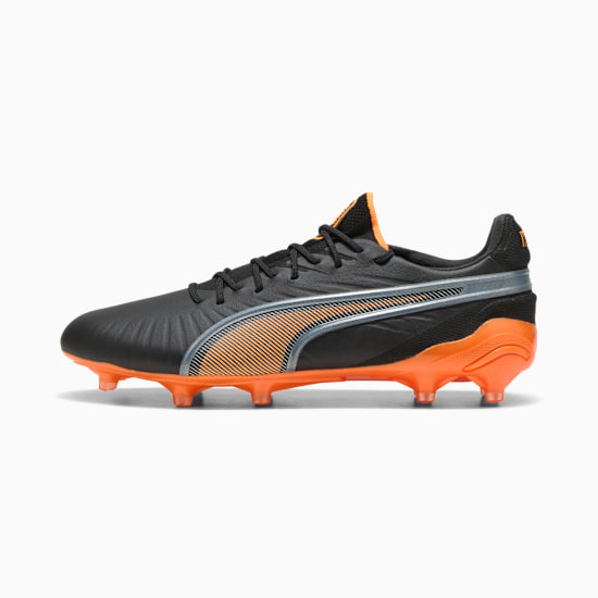 Black PUMA football boot featuring orange accents and a studded sole.