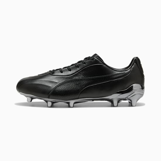 Black PUMA football boot with silver soleplate and stud detailing.