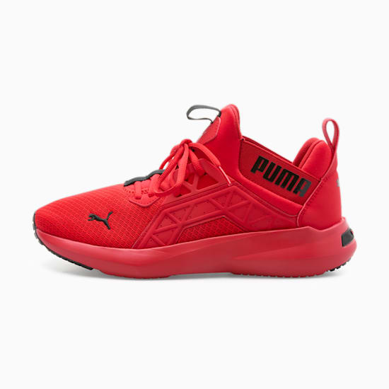 Scarpe da ginnastica rosse stringate PUMA da adulto, con mesh e design geometrico.