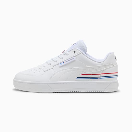 White PUMA trainer with Motorsport logo and red, white and blue stripe detail.