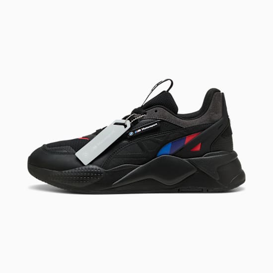 Black PUMA trainer, adult size, with BMW Motorsport branding and coloured stripes.