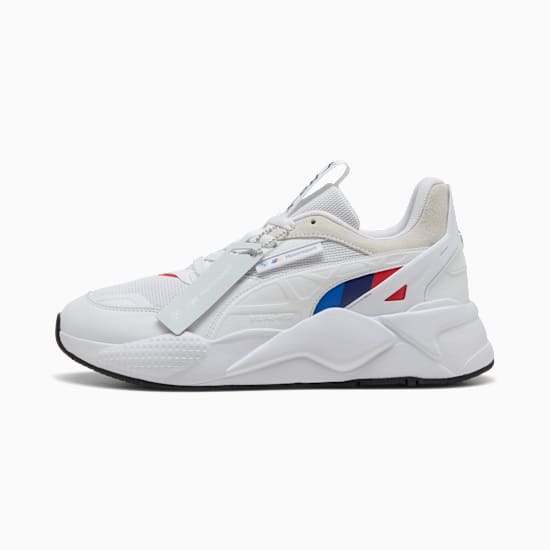 Scarpe da ginnastica PUMA bianche per adulti, con marchio BMW Motorsport e accenti di colore.