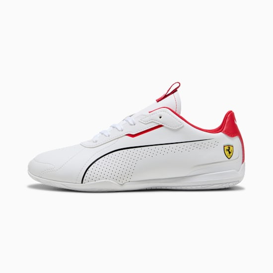 White PUMA trainer, adult, with red accents and Ferrari logo on the heel.