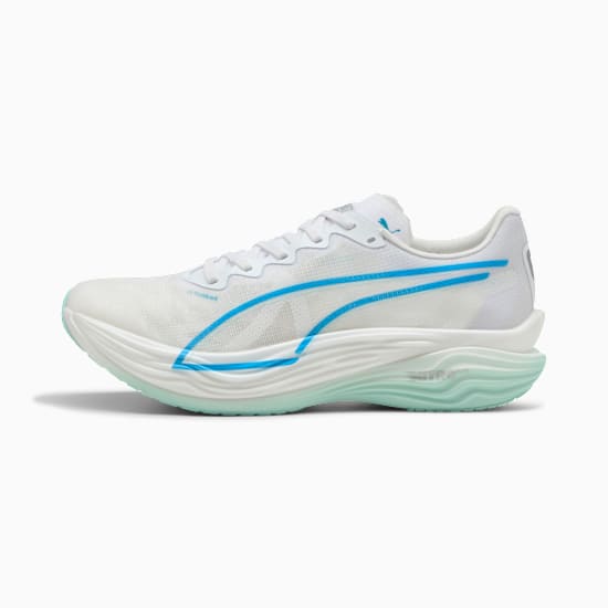 White PUMA unisex running shoe with blue accents and a layered sole design.