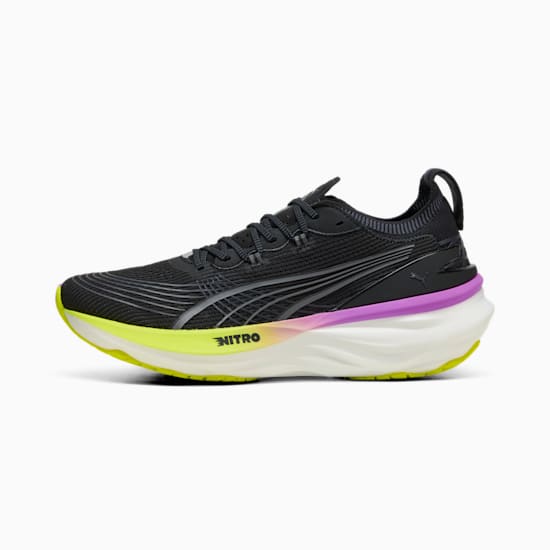 Black PUMA running shoe with a layered, colourful sole for adults.