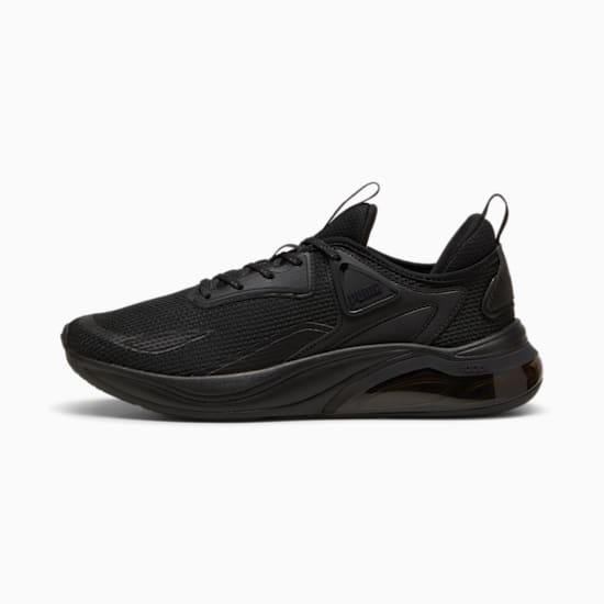 Chaussure d'entraînement noire PUMA pour homme avec semelle à couches et dessus en textile.