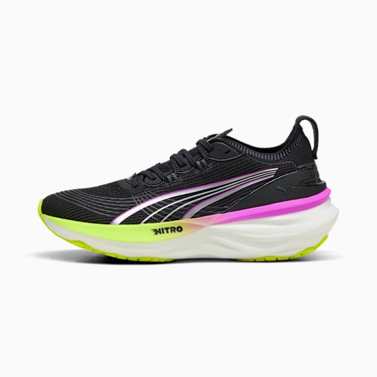Black PUMA running shoe featuring neon yellow and pink accents on a sculpted white sole.
