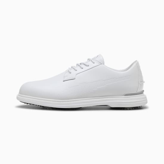 White PUMA golf shoe with lace-up closure and textured detailing.