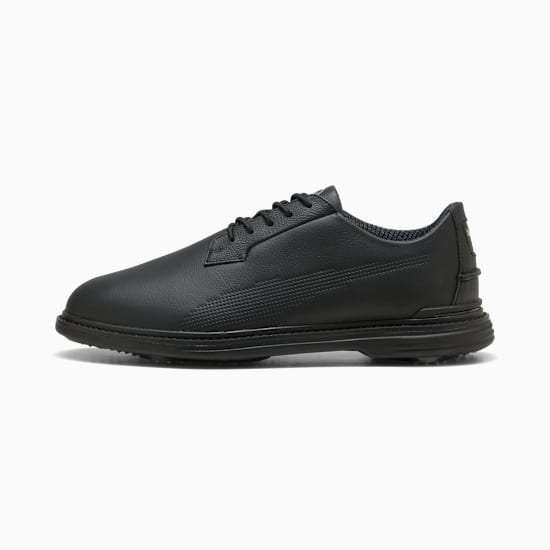 Black PUMA men's golf shoe with a lace-up closure and textured detailing.
