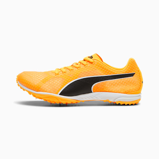 Orange PUMA running spike with a black side stripe and spiked sole.