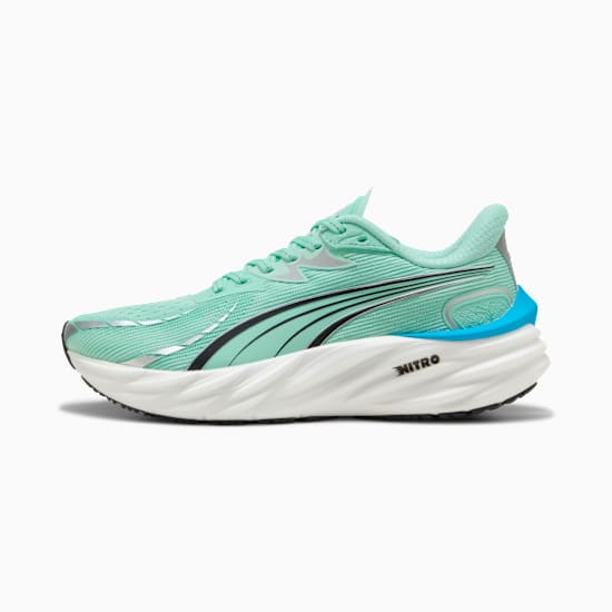 Mint PUMA running shoe, women's, with black formstrip and white NITRO midsole.
