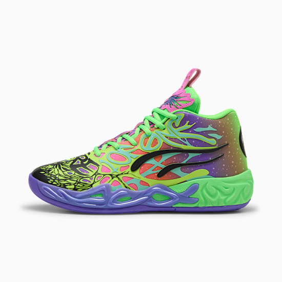 Multi-coloured PUMA trainer with neon green laces and a patterned sole.