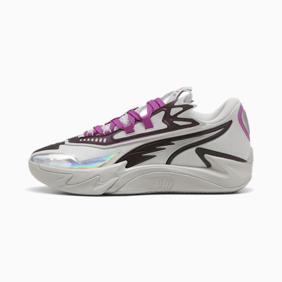 White PUMA women's trainer with purple laces and iridescent detailing on the sole.