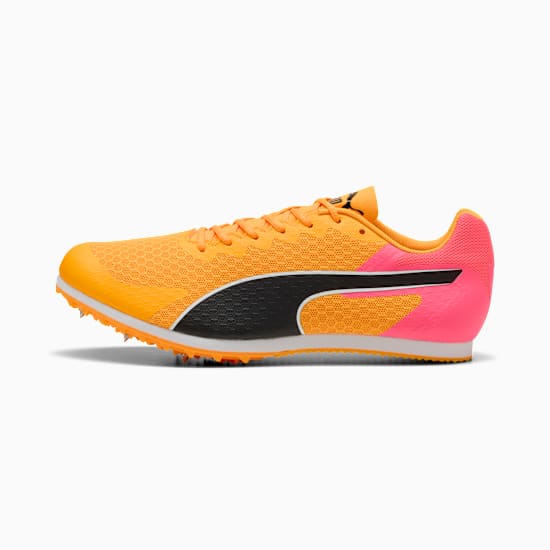 Orange PUMA unisex sprint shoe with black stripe and pink heel detailing.
