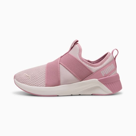Pink PUMA slip-on trainer, women's, with elasticated strap and white sole.