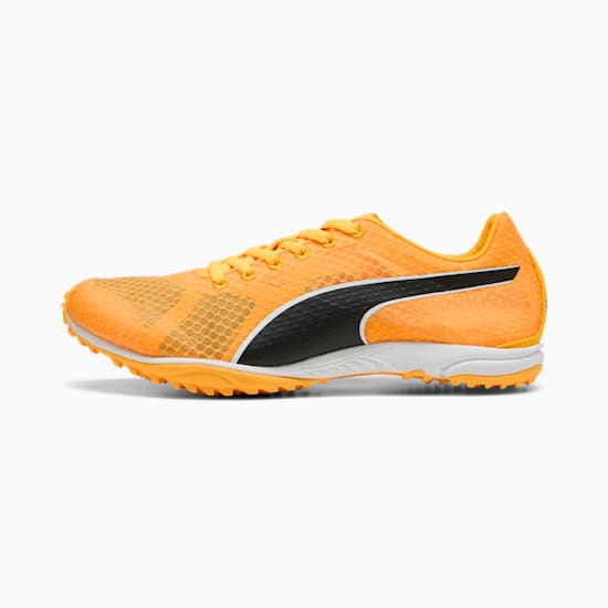 Orange PUMA unisex sprint shoe with black formstrip and lace-up closure.