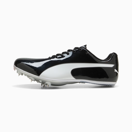 Schwarze PUMA Laufspikes mit weißem Formstrip und Spikesplatte für die Leichtathletik.
