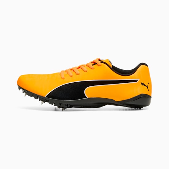 Orange PUMA unisex sprint shoe with black formstrip and spike details.