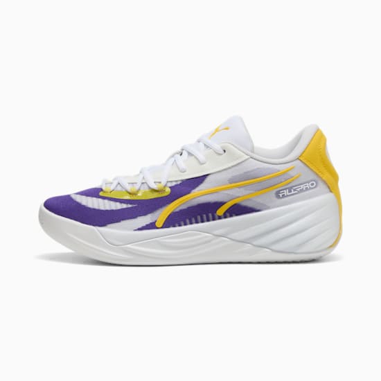White PUMA trainer showing purple and yellow details, with a white sole, for adults.