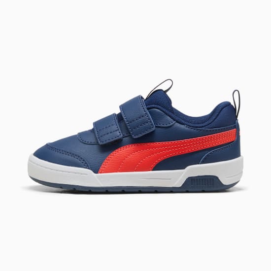 Blue PUMA trainer for kids with two fasteners and a red stripe detail.