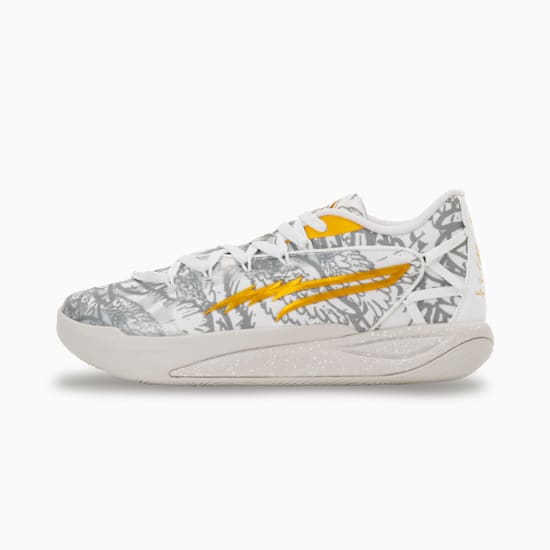 White PUMA trainers with grey pattern and gold stripes, for adults.