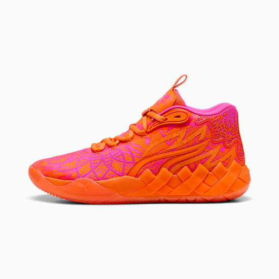 Pink and orange PUMA trainer with patterned upper and textured sole for adults.