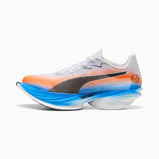 White PUMA running shoe with orange, black and blue design elements for adults.