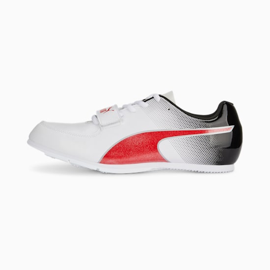 White PUMA unisex adults' shoe with red formstrip and adjustable closures.