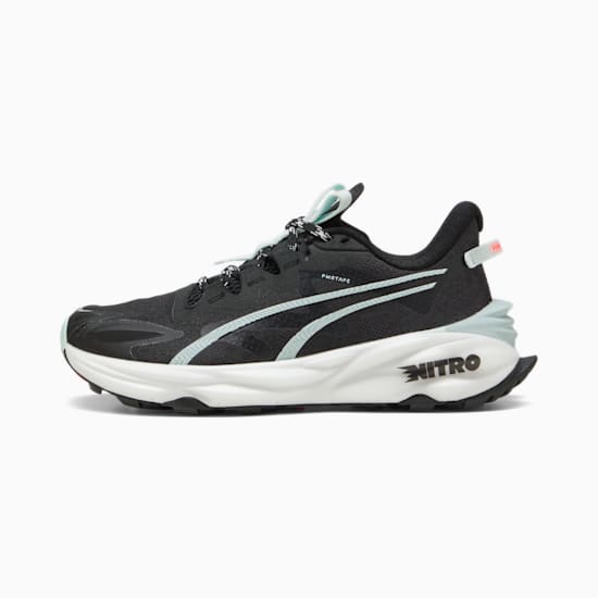 Black PUMA trail shoe featuring a white sole and light blue accents.