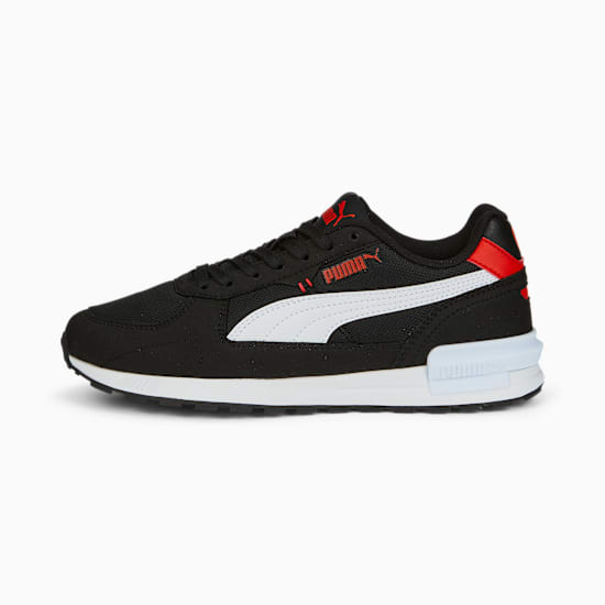 Black PUMA trainer, youth size, with white stripe and red accents.