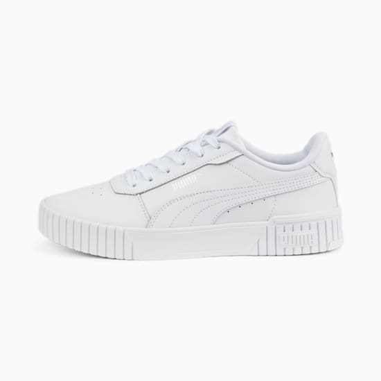 White PUMA trainer, women's, with tonal stitching and a low, ridged sole.