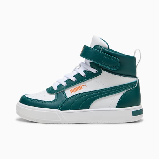 Green and white PUMA high-top trainer for kids with a strap closure.