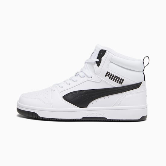 White PUMA high-top trainers with a black formstrip on the side for any gender.